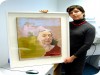 Cenbtre Chairperson Aoife Nic Fhearghusa with Tom Byrne's painting of Lady Augusta Gregory Cenbtre Chairperson Aoife Nic Fhearghusa with Tom Byrne's painting of Lady Augusta Gregory